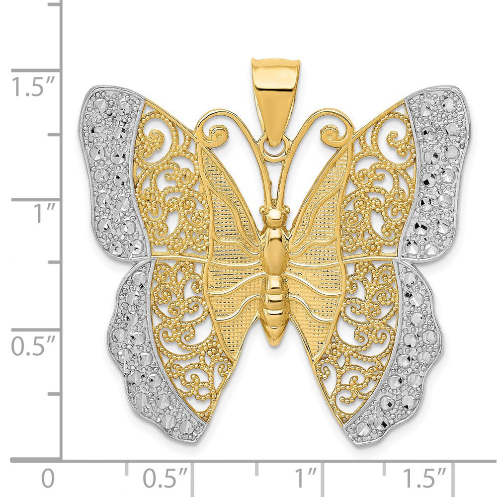 Alternate view of the 14k Yellow Gold & White Rhodium 37mm Textured Butterfly Pendant by The Black Bow Jewelry Co.