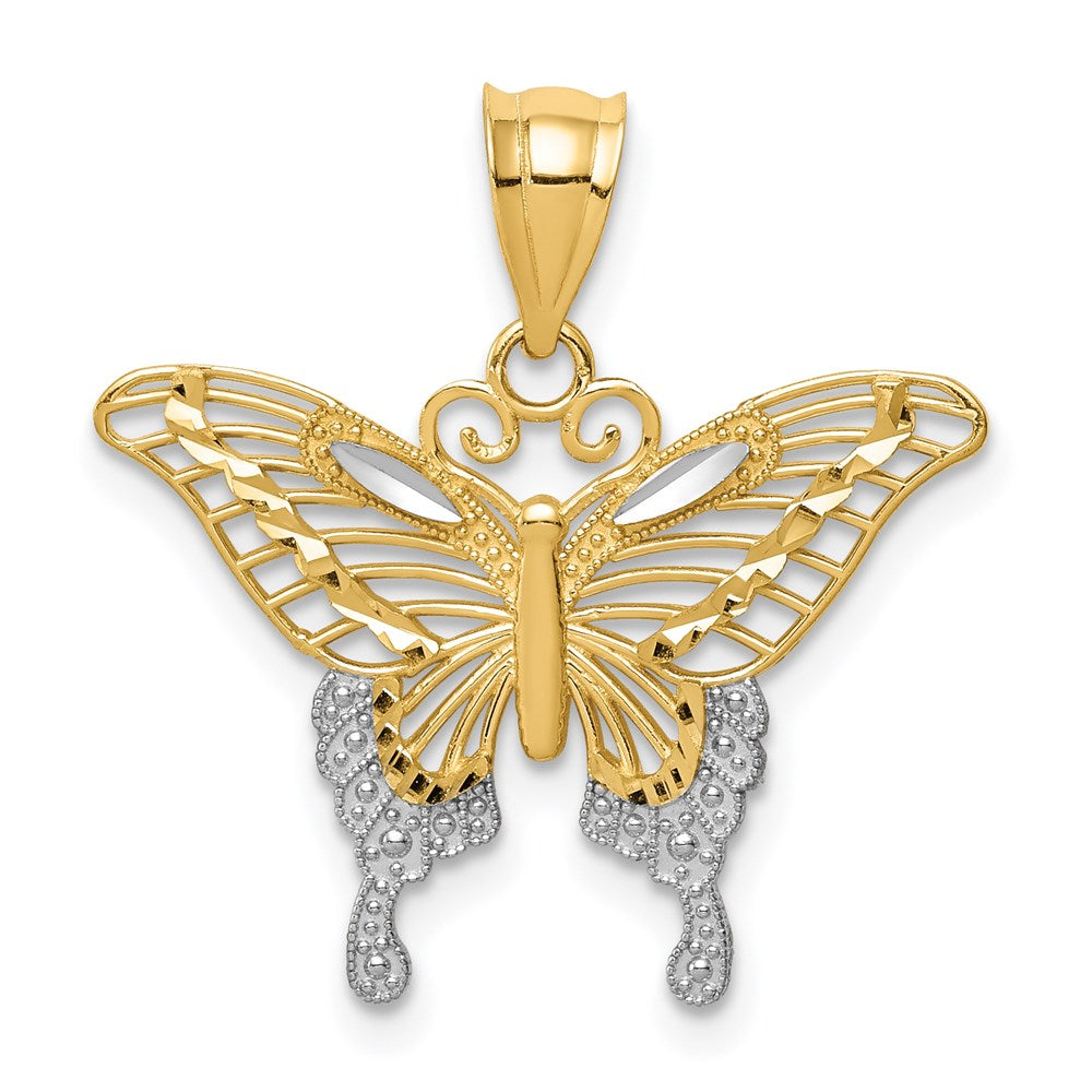 14k Yellow Gold & White Rhodium 22mm Diamond Cut Butterfly Pendant, Item P11743 by The Black Bow Jewelry Co.