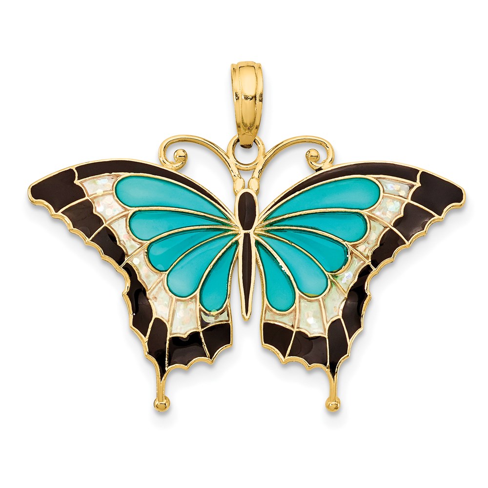 14k Yellow Gold & Aqua Translucent Acrylic Butterfly Pendant, 30mm, Item P11746 by The Black Bow Jewelry Co.