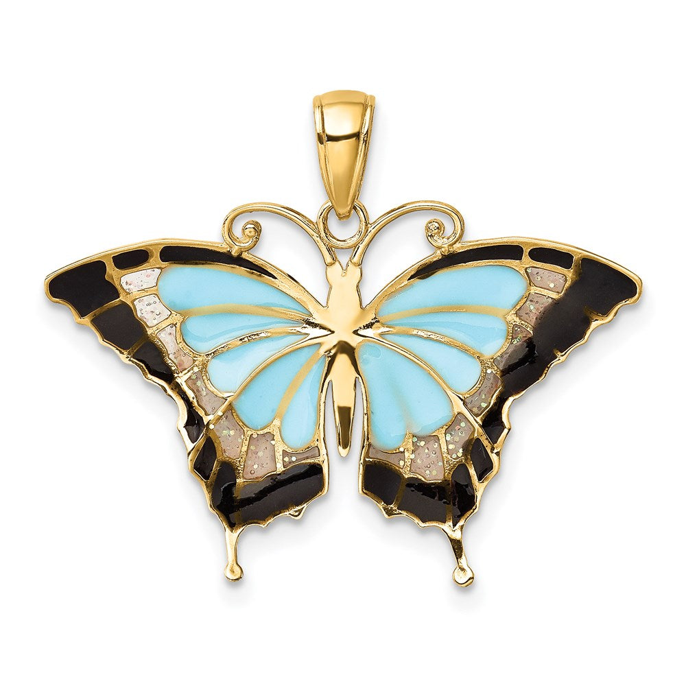 Alternate view of the 14k Yellow Gold & Aqua Translucent Acrylic Butterfly Pendant, 30mm by The Black Bow Jewelry Co.