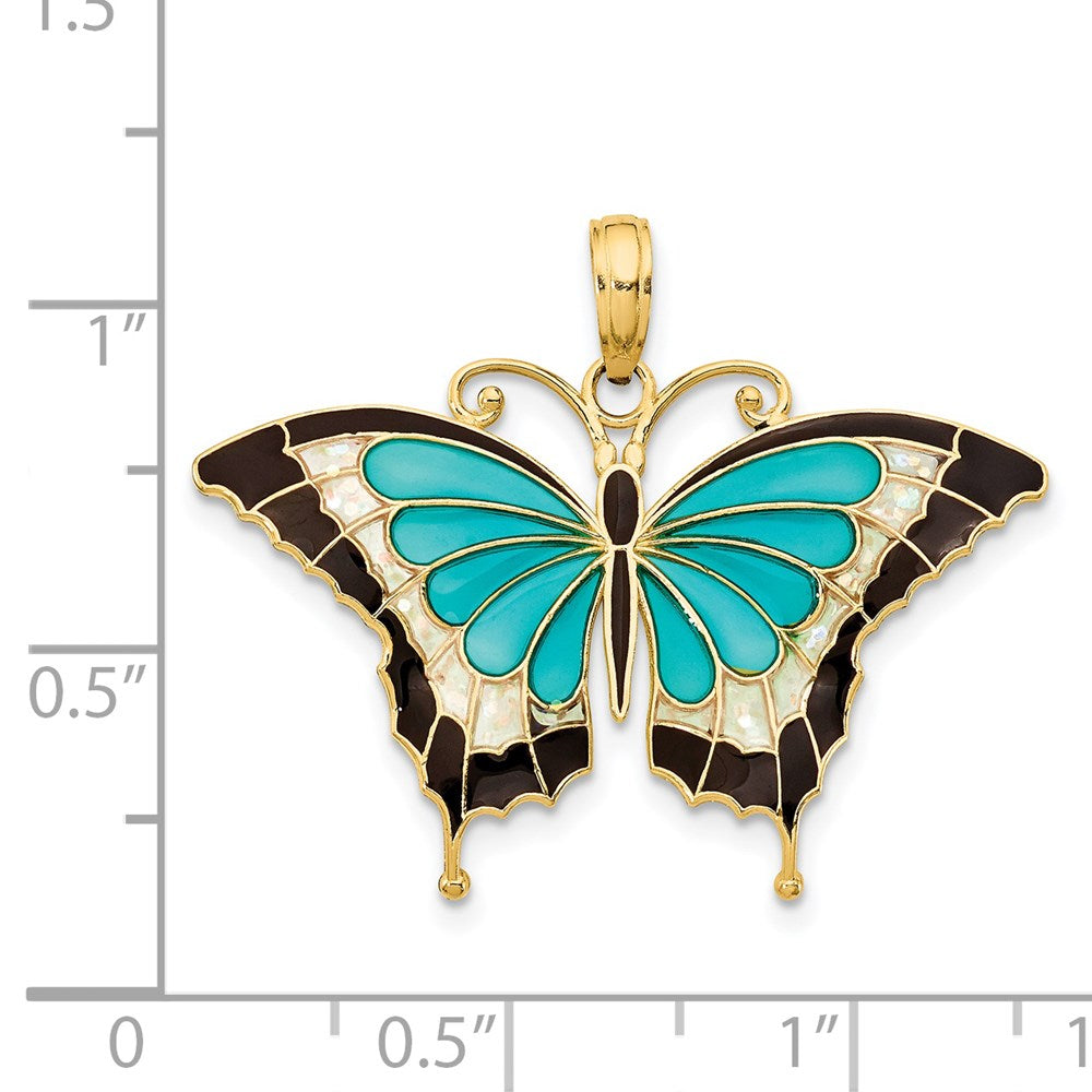Alternate view of the 14k Yellow Gold & Aqua Translucent Acrylic Butterfly Pendant, 30mm by The Black Bow Jewelry Co.