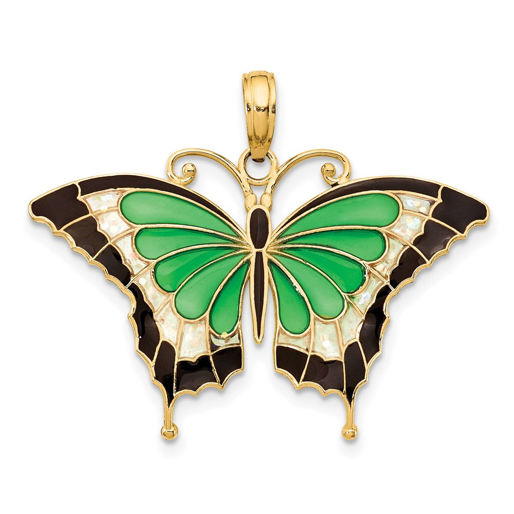 14k Yellow Gold & Green Translucent Acrylic Butterfly Pendant, 30mm, Item P11748 by The Black Bow Jewelry Co.