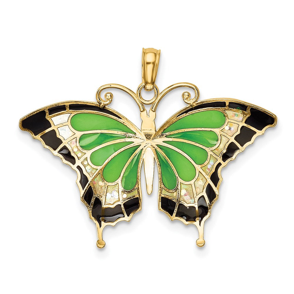 Alternate view of the 14k Yellow Gold & Green Translucent Acrylic Butterfly Pendant, 30mm by The Black Bow Jewelry Co.
