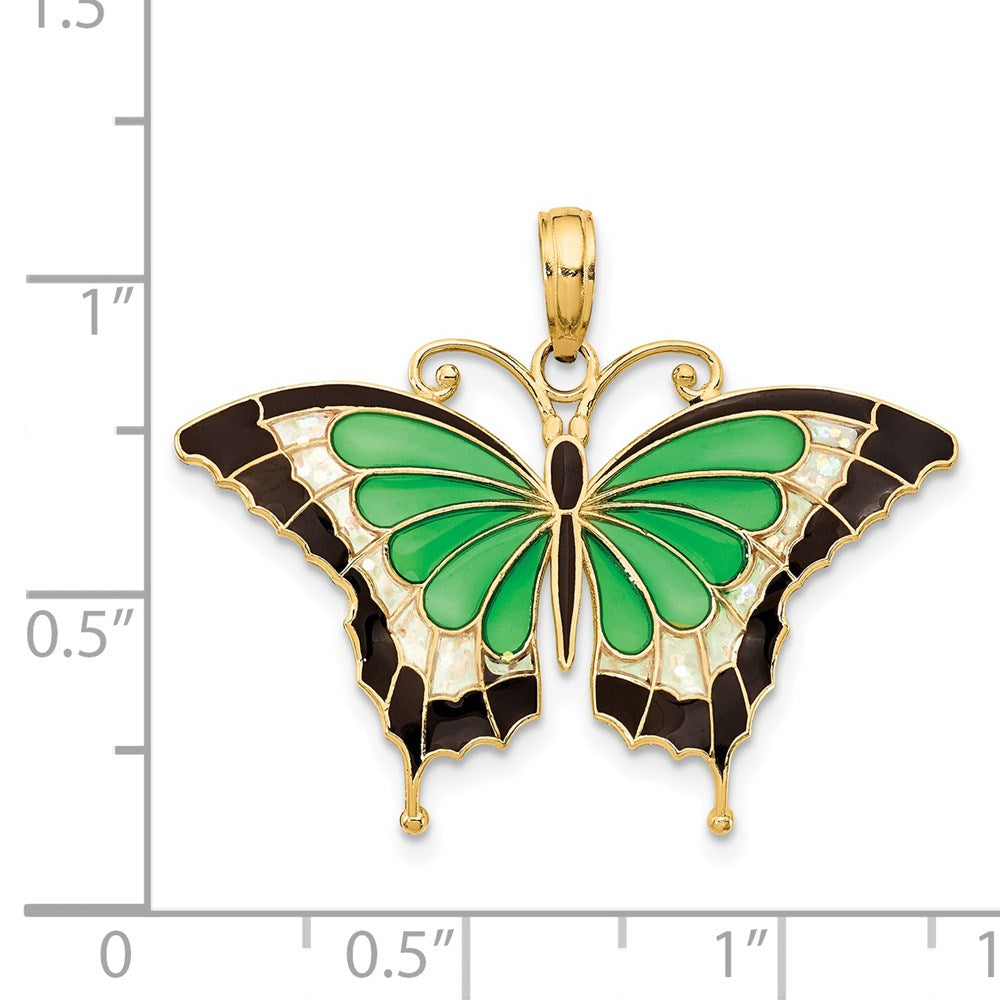 Alternate view of the 14k Yellow Gold & Green Translucent Acrylic Butterfly Pendant, 30mm by The Black Bow Jewelry Co.