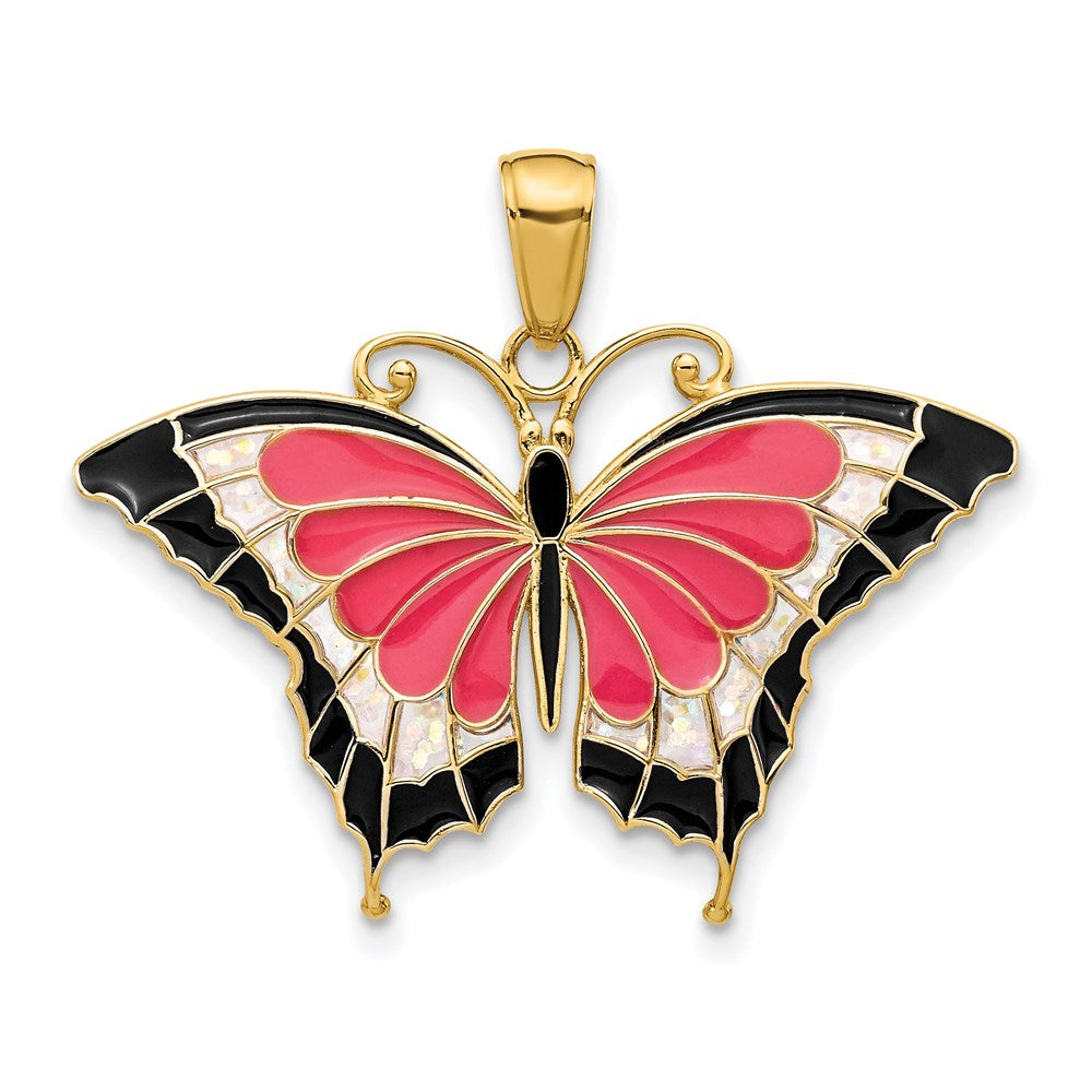 14k Yellow Gold & Pink Translucent Acrylic Butterfly Pendant, 30mm, Item P11750 by The Black Bow Jewelry Co.
