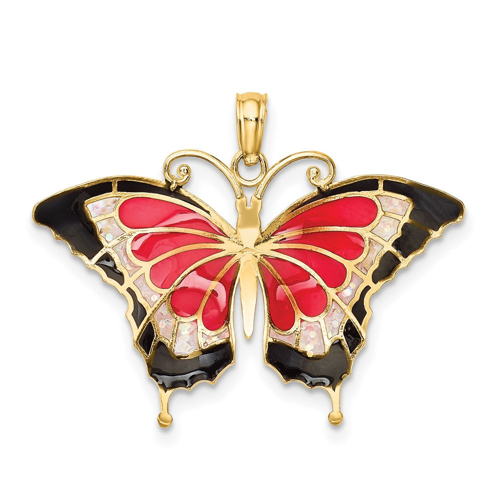 Alternate view of the 14k Yellow Gold & Pink Translucent Acrylic Butterfly Pendant, 30mm by The Black Bow Jewelry Co.