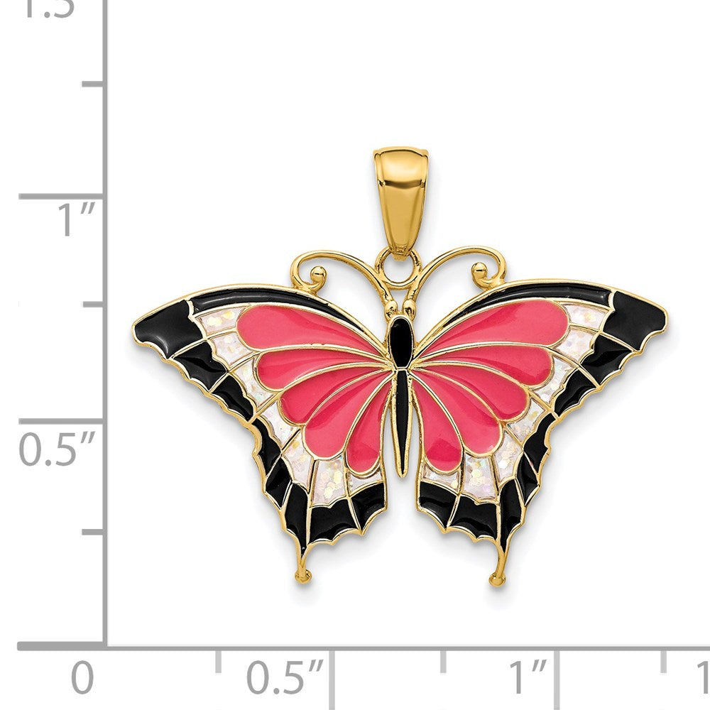Alternate view of the 14k Yellow Gold & Pink Translucent Acrylic Butterfly Pendant, 30mm by The Black Bow Jewelry Co.