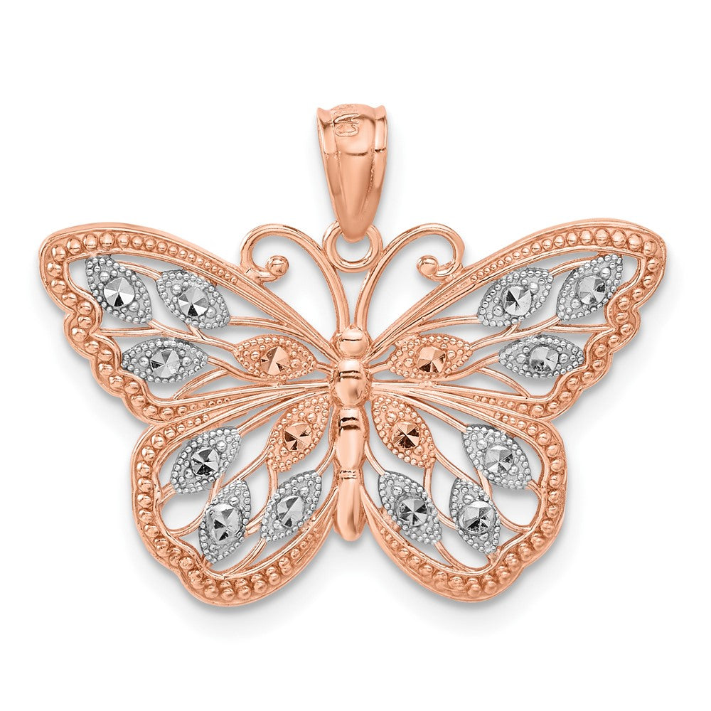 14k Rose Gold and White Rhodium Textured Butterfly Pendant, 26mm, Item P11763 by The Black Bow Jewelry Co.