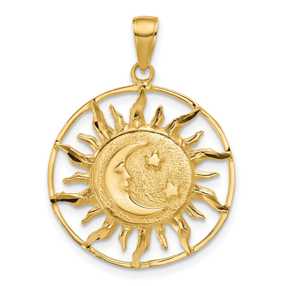 14k Yellow Gold 22mm Sun, Moon and Stars Circle Pendant, Item P11927 by The Black Bow Jewelry Co.