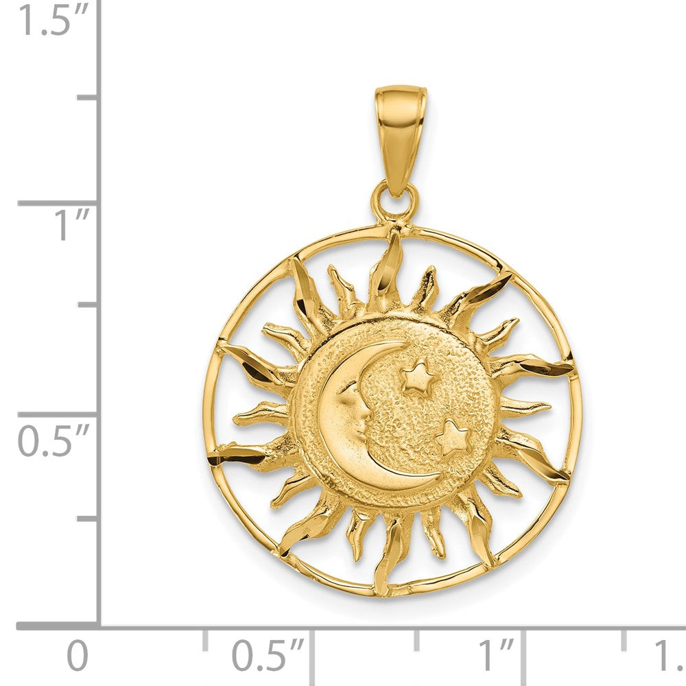 Alternate view of the 14k Yellow Gold 22mm Sun, Moon and Stars Circle Pendant by The Black Bow Jewelry Co.