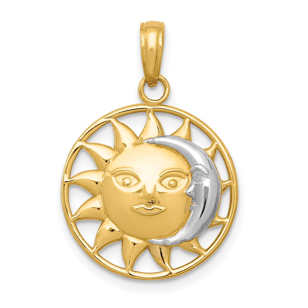 14k Yellow Gold & White Rhodium 17mm Sun and Moon Circle Pendant, Item P11929 by The Black Bow Jewelry Co.