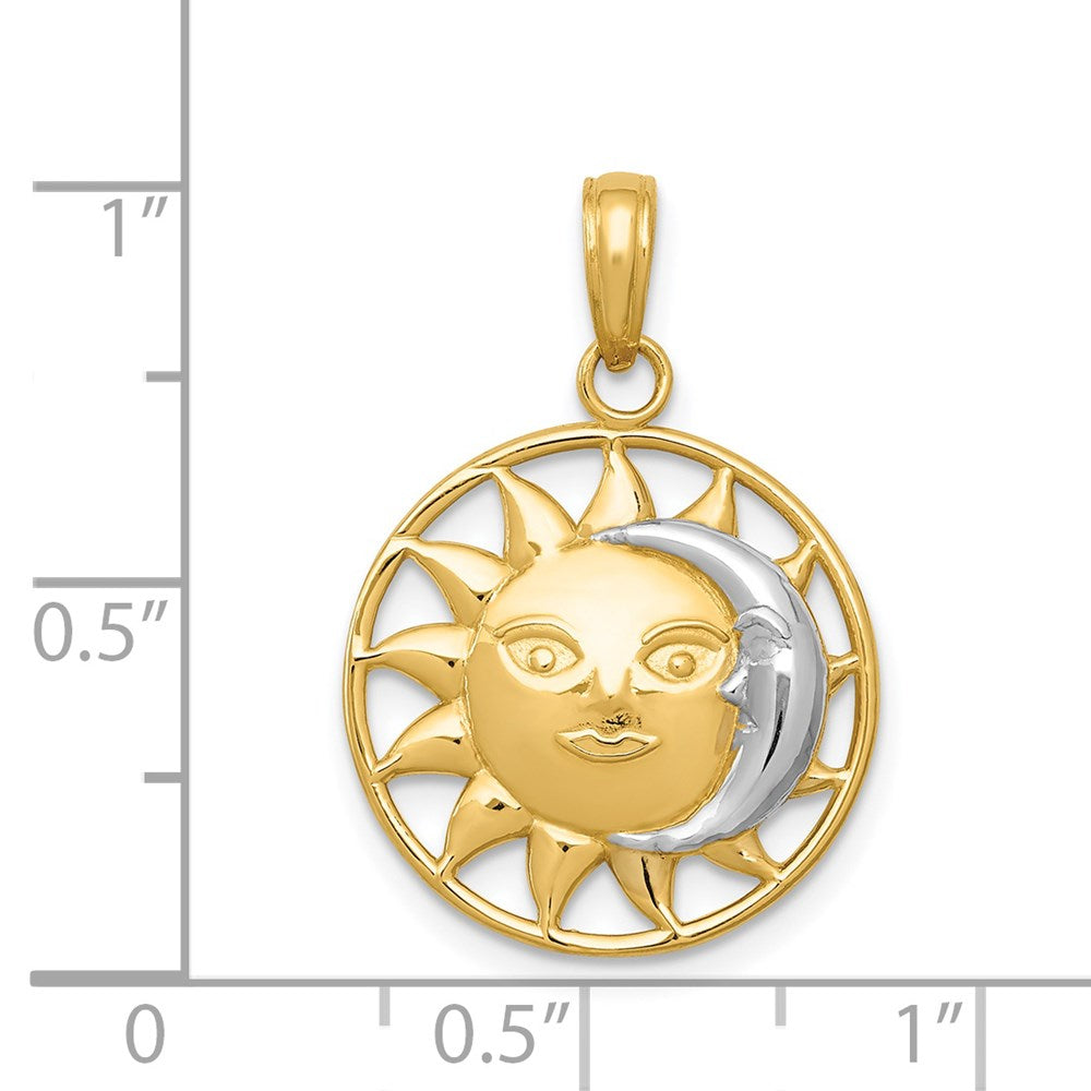 Alternate view of the 14k Yellow Gold & White Rhodium 17mm Sun and Moon Circle Pendant by The Black Bow Jewelry Co.