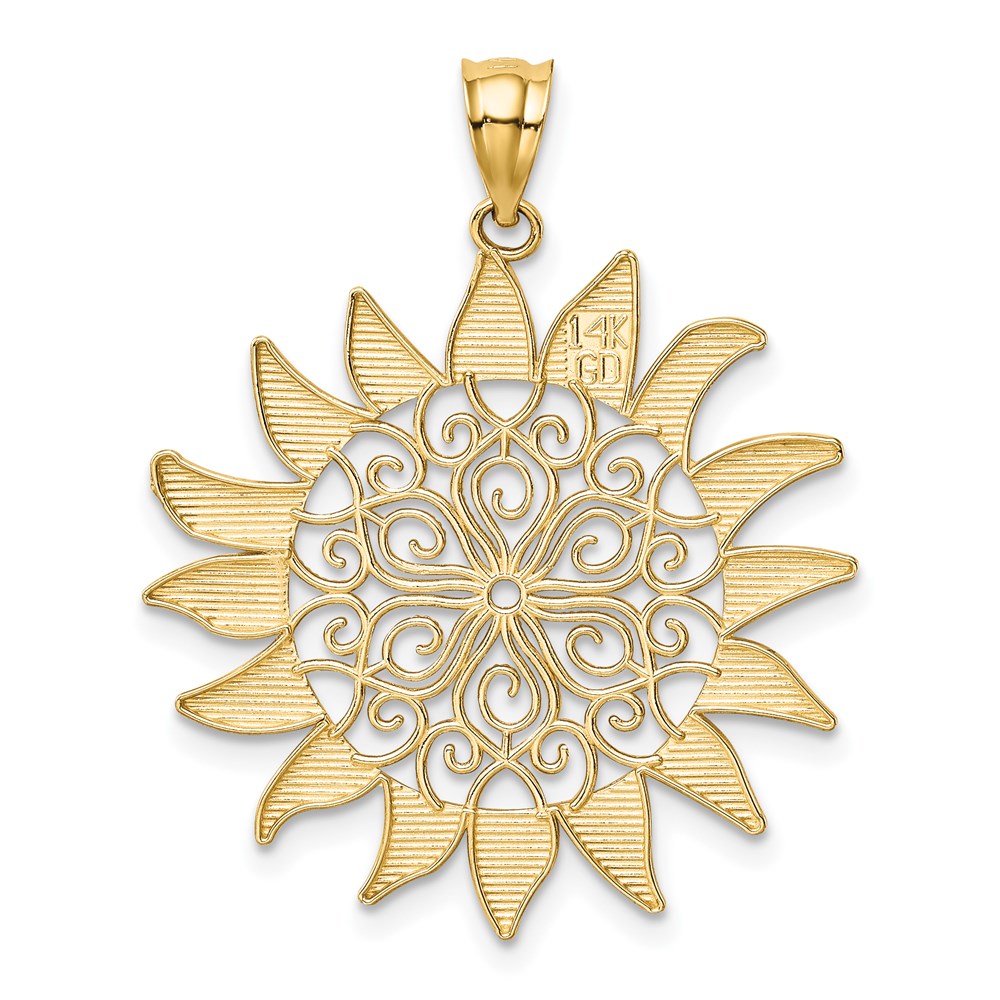 Alternate view of the 14k Yellow Gold 27mm Filigree Sun Pendant by The Black Bow Jewelry Co.
