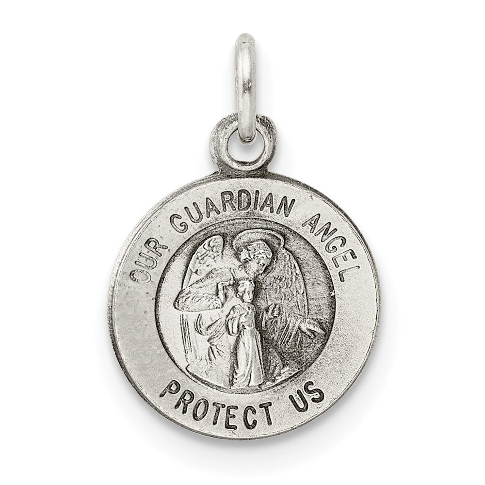 Sterling Silver Antiqued Guardian Angel Medal Charm, 11mm, Item P12014 by The Black Bow Jewelry Co.