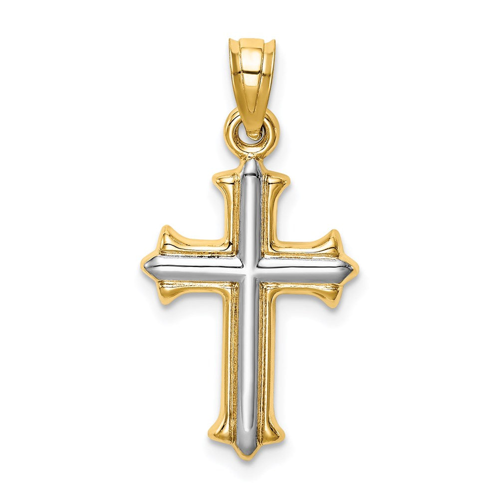 Alternate view of the 14k Yellow Gold and White Rhodium Hollow Fleur de Lis Cross Pendant by The Black Bow Jewelry Co.