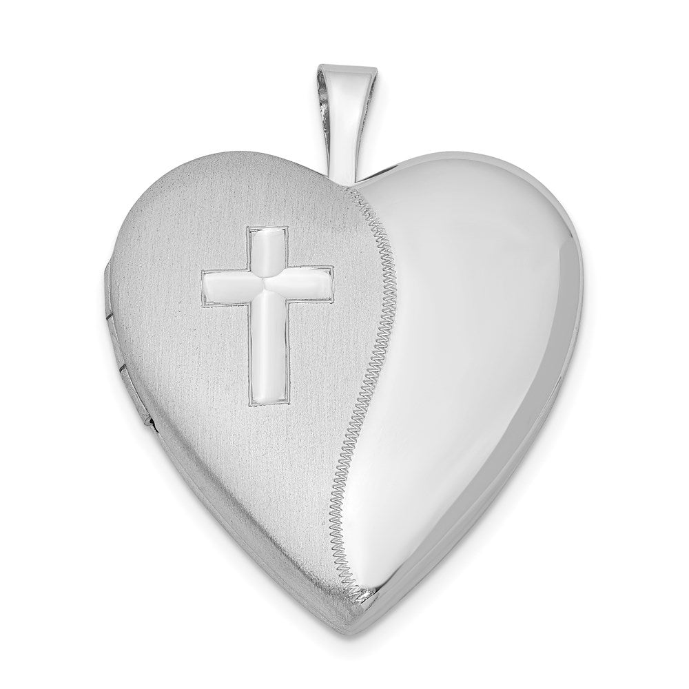 Sterling Silver 20mm Polished and Satin Heart w/ Cross Locket, Item P12060 by The Black Bow Jewelry Co.