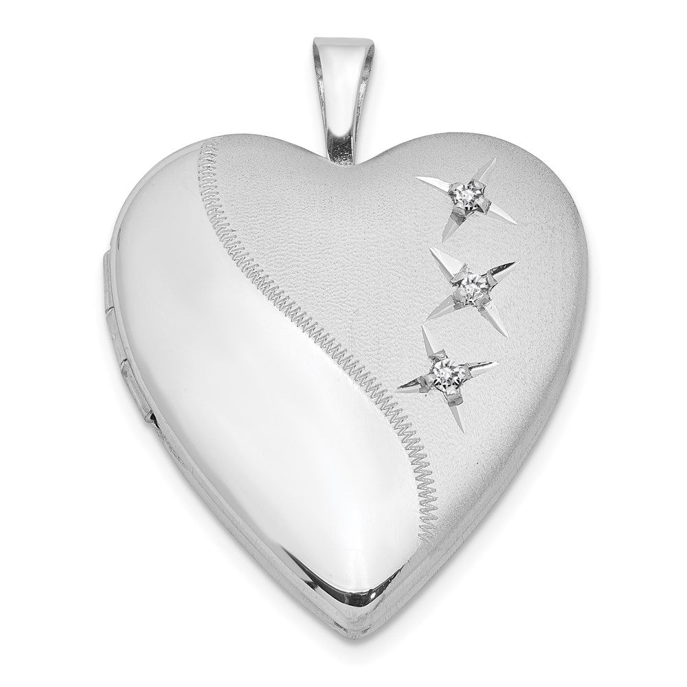 20mm Polished and Satin Triple Diamond Heart Locket in Sterling Silver, Item P12089 by The Black Bow Jewelry Co.