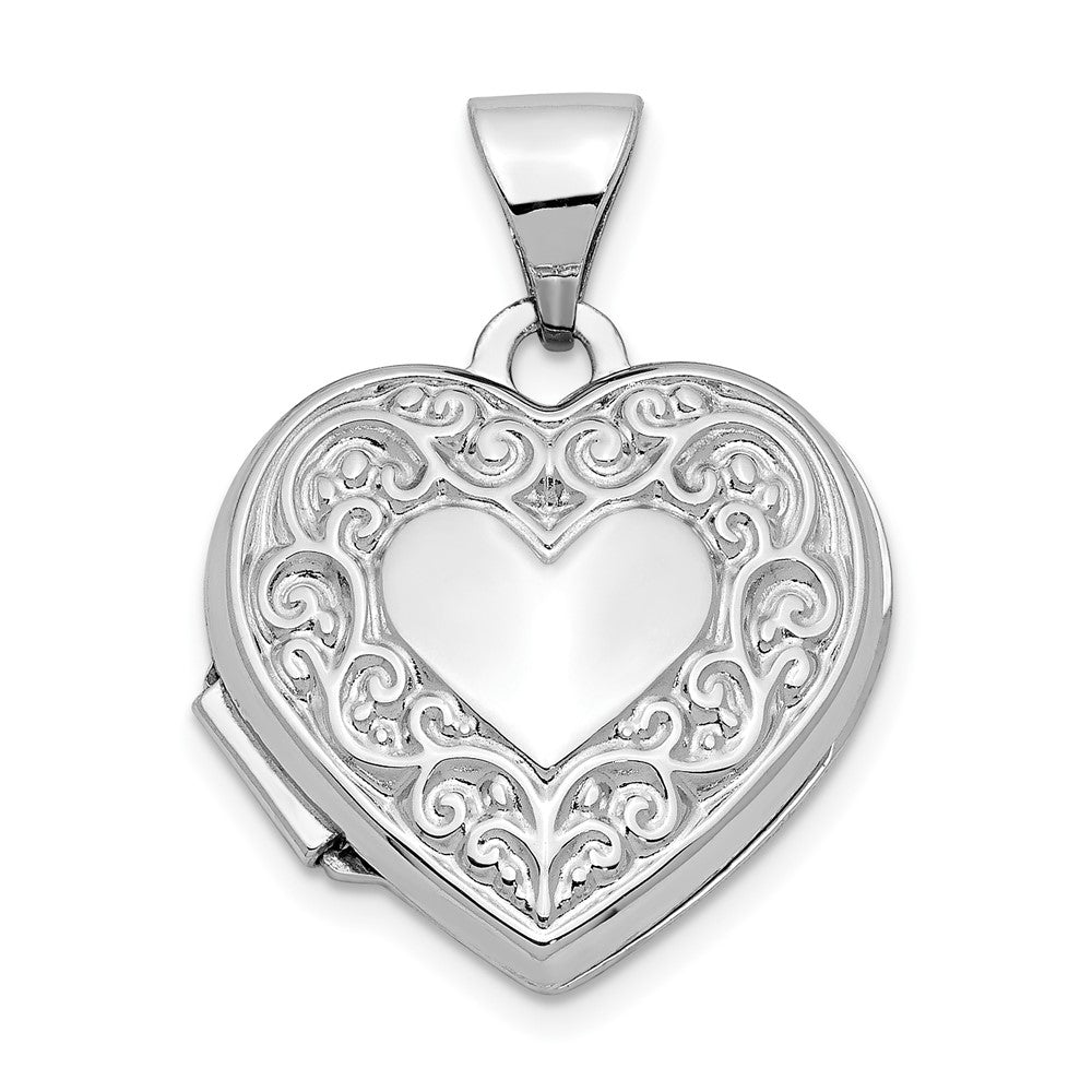 14k White Gold 15mm Scroll Heart Locket, Item P12167 by The Black Bow Jewelry Co.