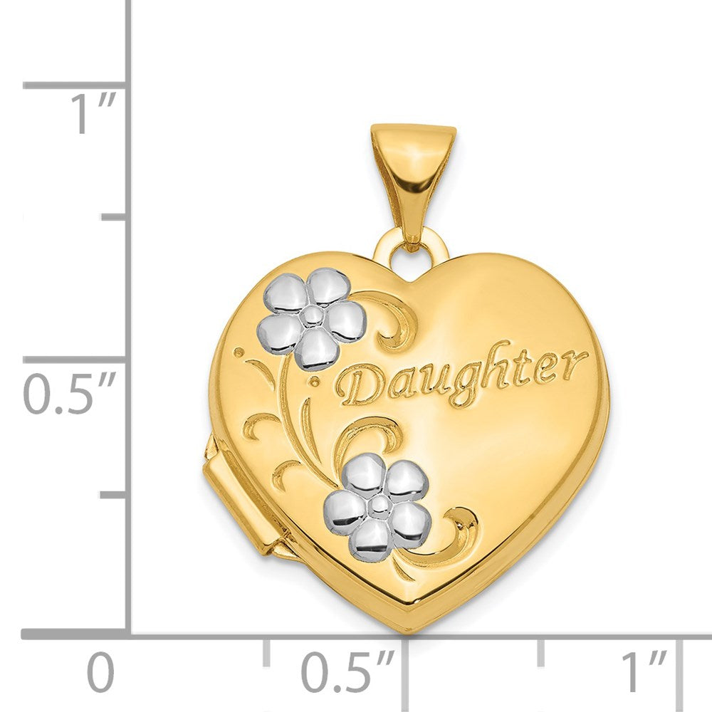 Alternate view of the 14k Yellow Gold & White Rhodium 18mm Daughter Heart Locket Pendant by The Black Bow Jewelry Co.
