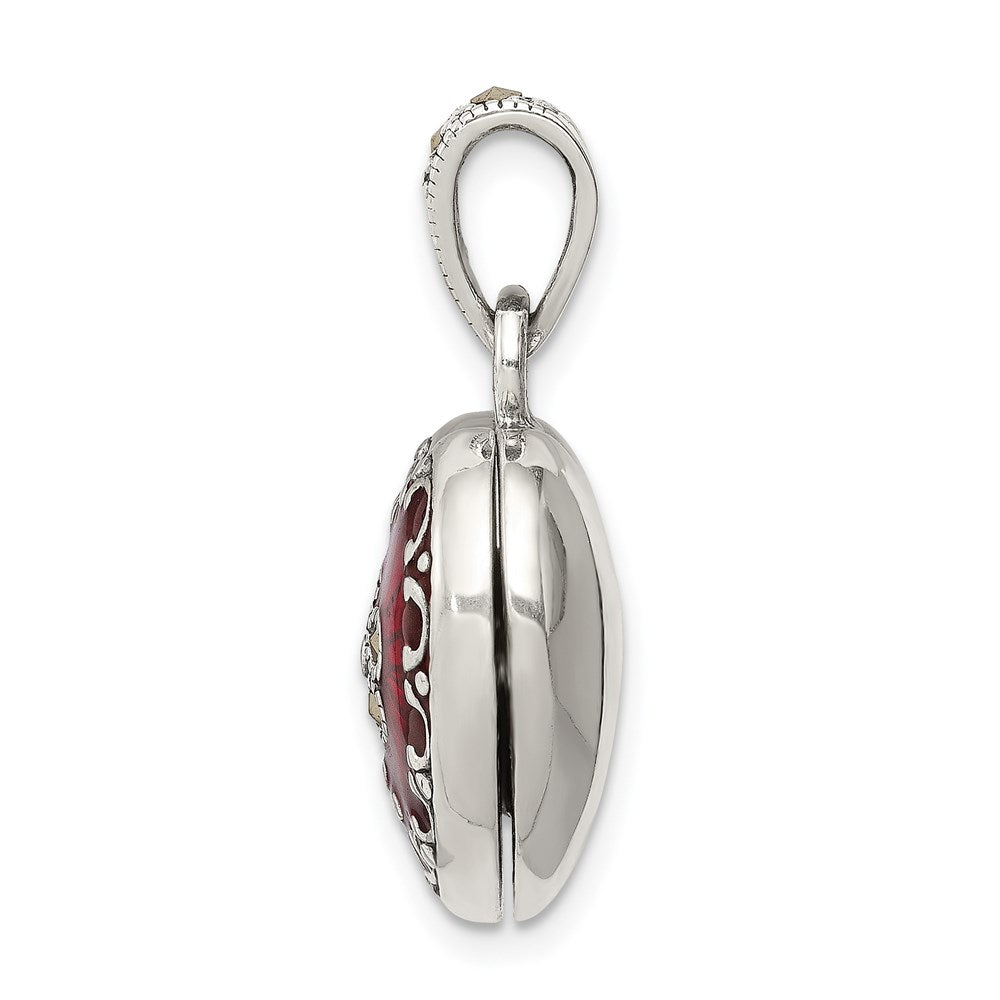 Alternate view of the Sterling Silver, Red Enamel and Marcasite Antiqued Heart Locket, 16mm by The Black Bow Jewelry Co.