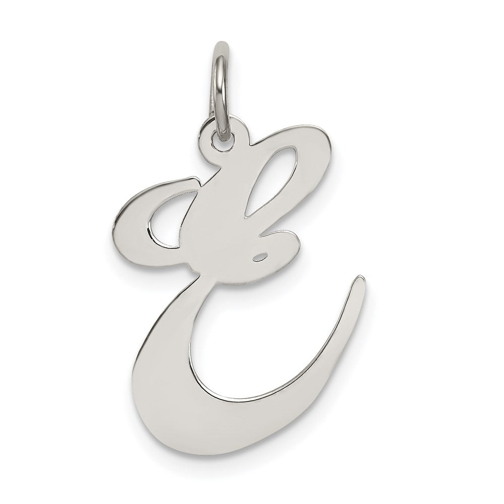 Sterling Silver, Ella Collection, LG Fancy Script Initial E Pendant, Item P14044-E by The Black Bow Jewelry Co.