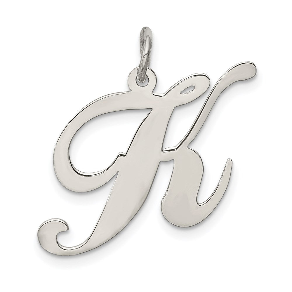 Sterling Silver, Ella Collection, LG Fancy Script Initial K Pendant, Item P14044-K by The Black Bow Jewelry Co.