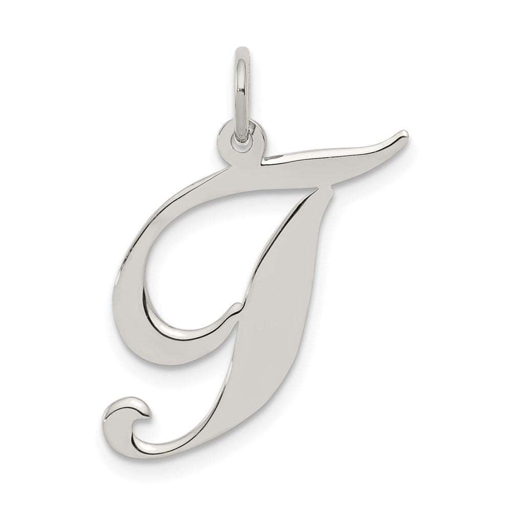 Sterling Silver, Ella Collection, LG Fancy Script Initial T Pendant, Item P14044-T by The Black Bow Jewelry Co.