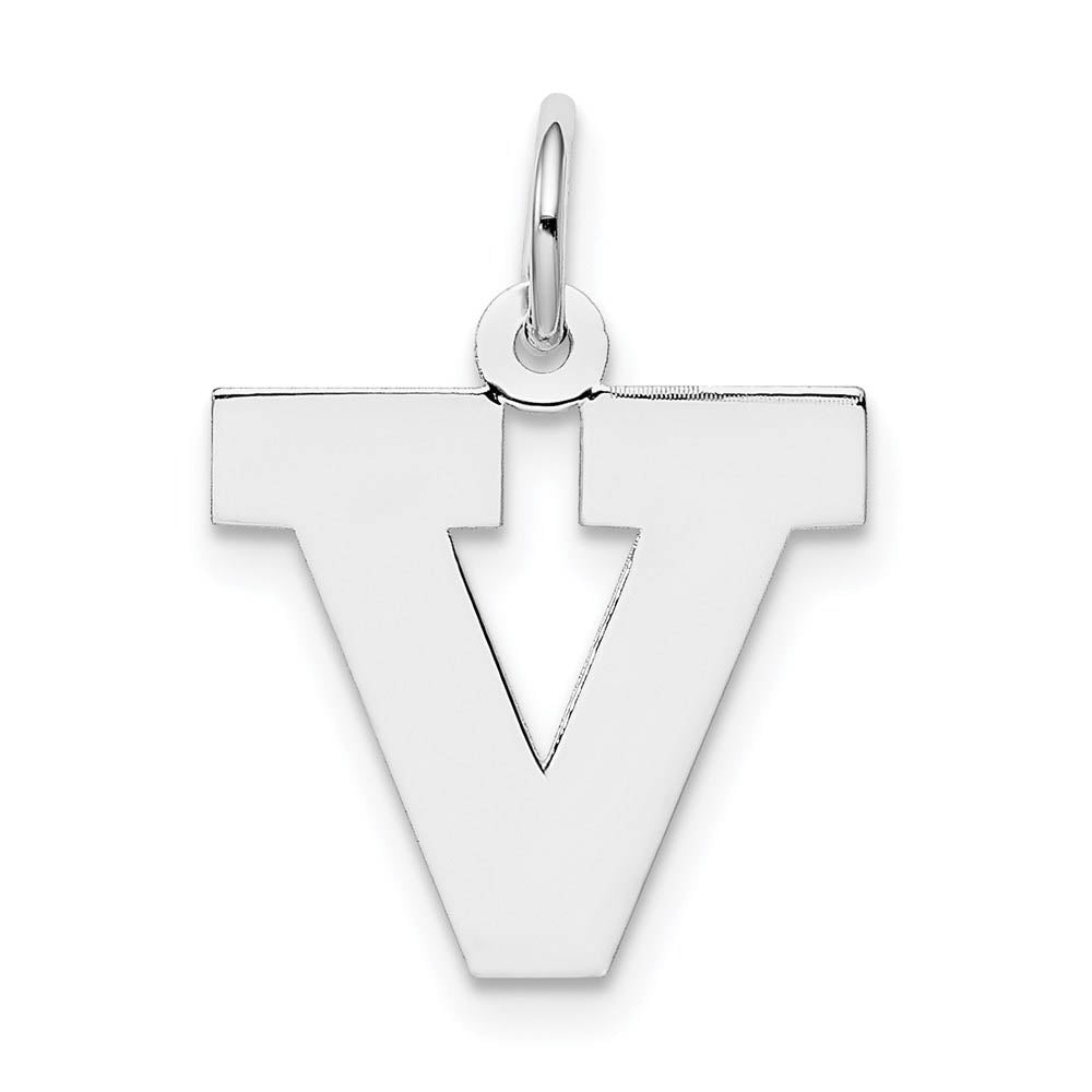 Sterling Silver Amanda Collection Medium Block Style Initial V Pendant, Item P14045-V by The Black Bow Jewelry Co.