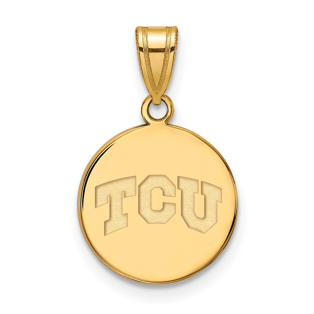 10k Yellow Gold Texas Christian U. Medium 'TCU' Disc Pendant, Item P14347 by The Black Bow Jewelry Co.