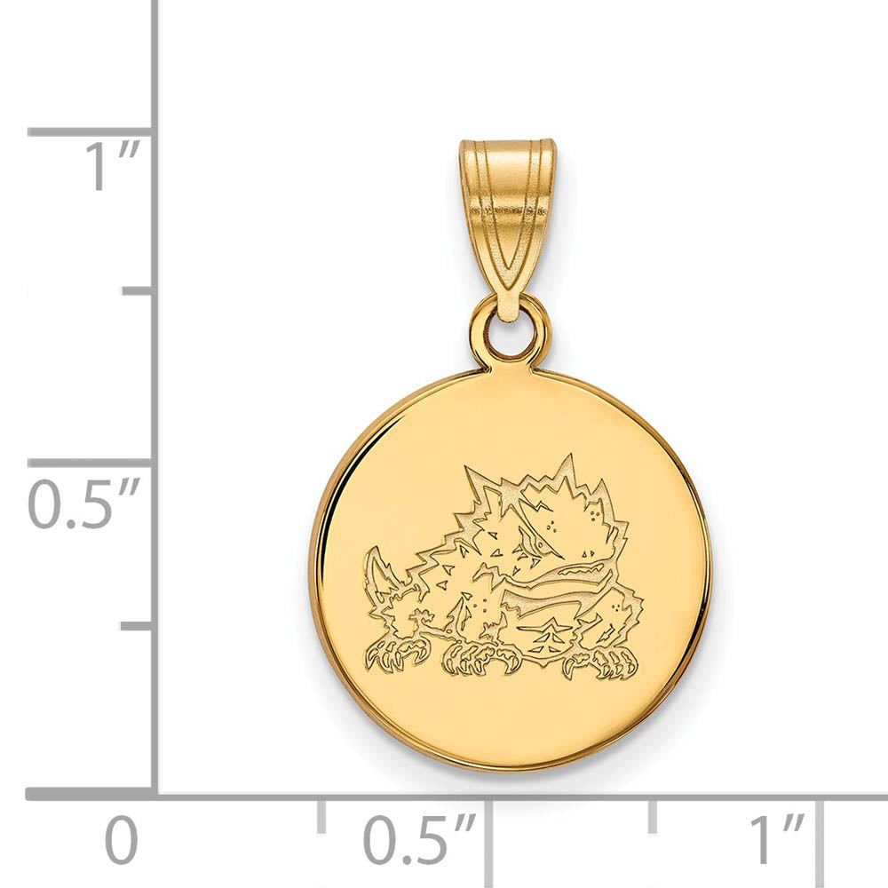 Alternate view of the 10k Yellow Gold Texas Christian U. Medium Disc Pendant by The Black Bow Jewelry Co.