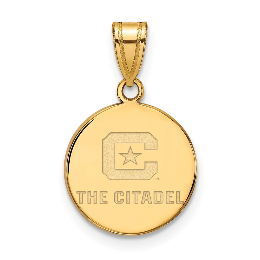 14K Yellow Gold The Citadel Medium Logo Disc Pendant, Item P14632 by The Black Bow Jewelry Co.