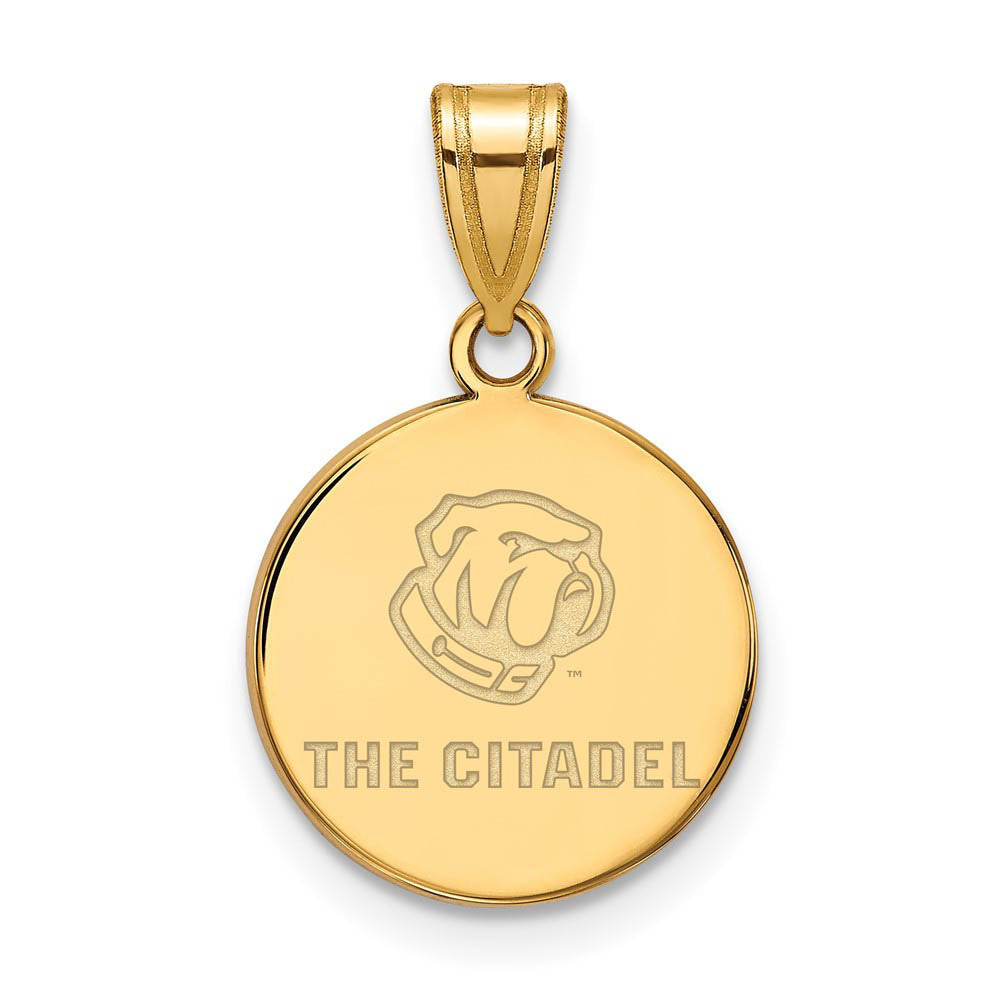 14K Yellow Gold The Citadel Medium Bulldogs Disc Pendant, Item P14710 by The Black Bow Jewelry Co.