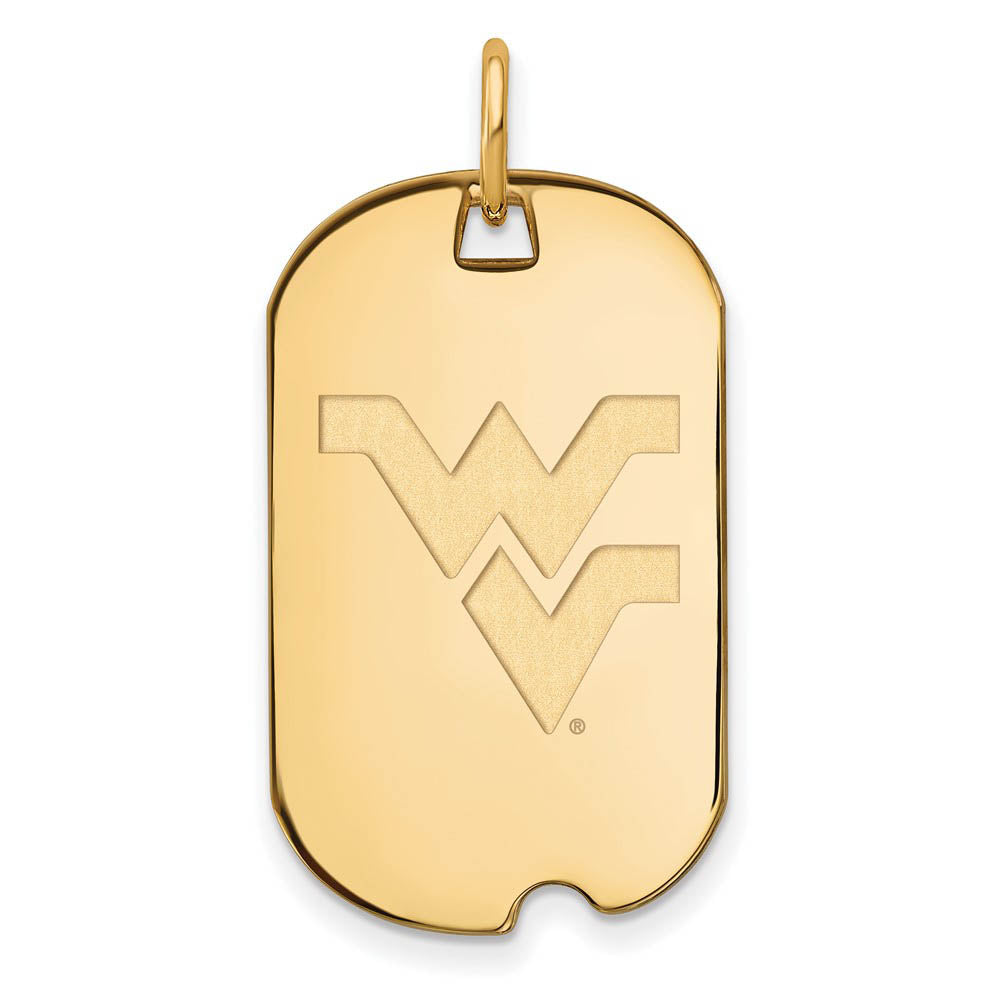 14k Yellow Gold West Virginia U. Dog Tag Pendant, Item P14761 by The Black Bow Jewelry Co.