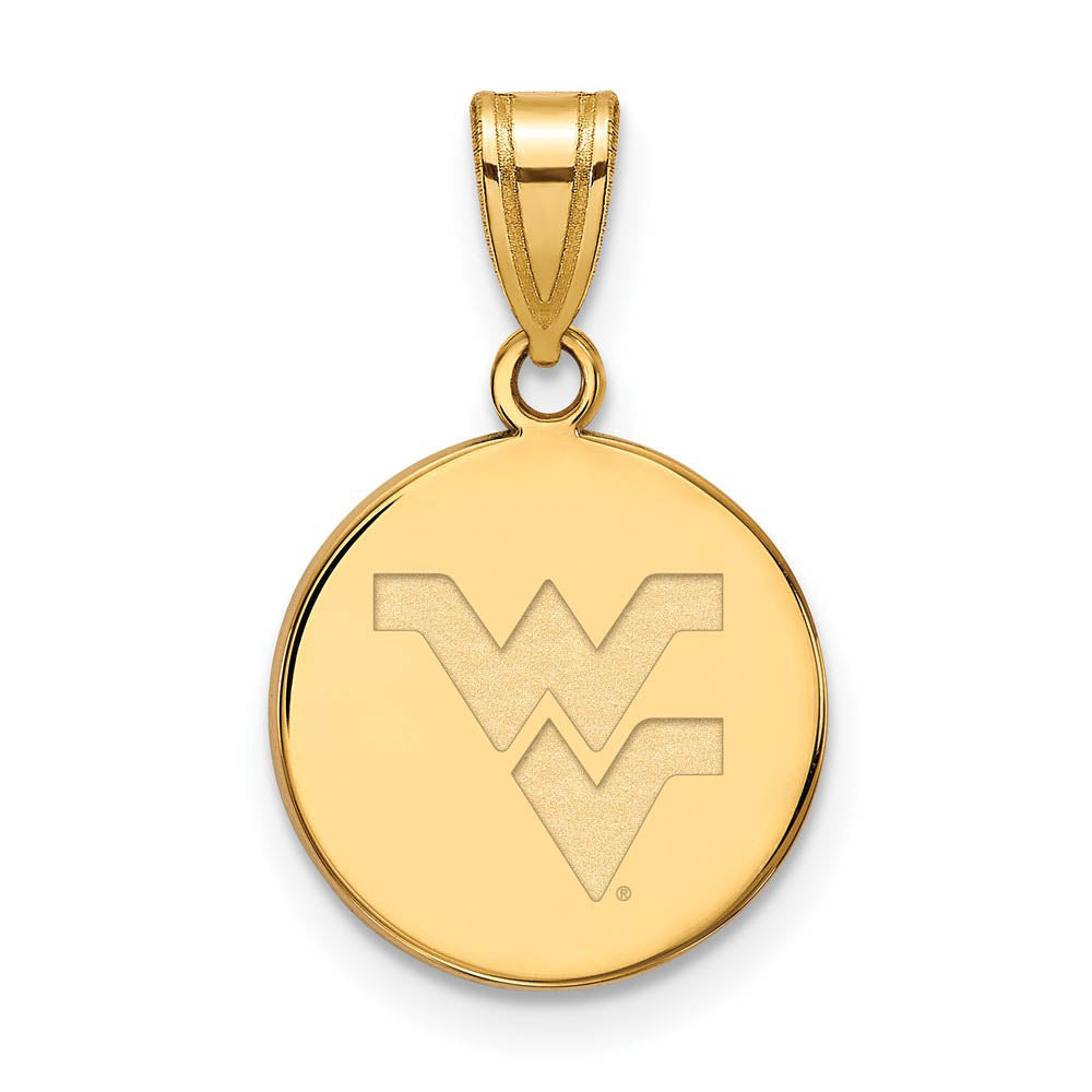 14k Yellow Gold West Virginia U. Medium Logo Disc Pendant, Item P14799 by The Black Bow Jewelry Co.
