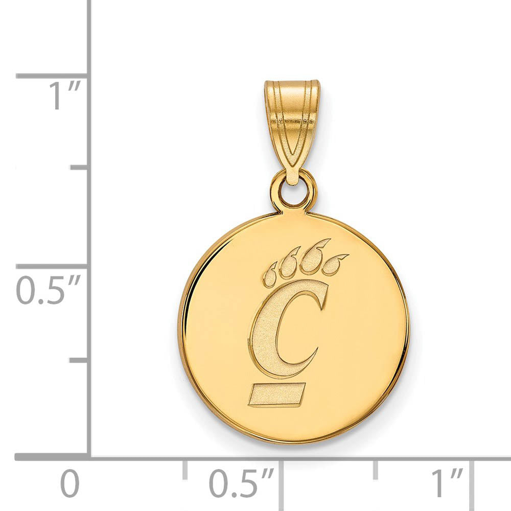 Alternate view of the 14k Yellow Gold U of Cincinnati Medium Disc Pendant by The Black Bow Jewelry Co.