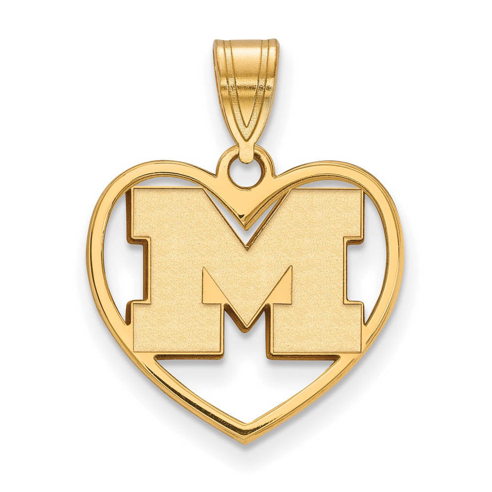 14k Gold Plated Silver U. of Michigan Initial M Heart Pendant, Item P14911 by The Black Bow Jewelry Co.