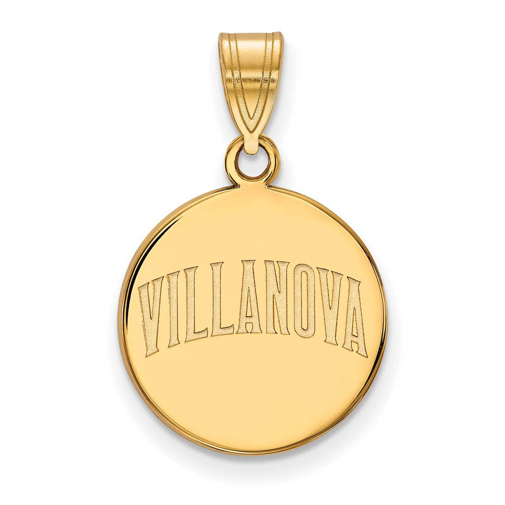 14k Gold Plated Silver Villanova U. Medium Script Disc Pendant, Item P14931 by The Black Bow Jewelry Co.