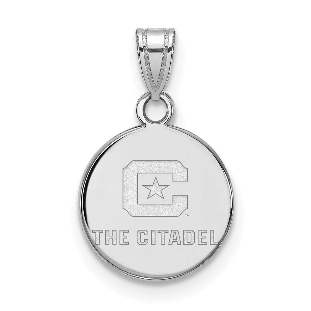 Sterling Silver Rhodium Plated The Citadel Small Logo Disc Pendant, Item P15037 by The Black Bow Jewelry Co.