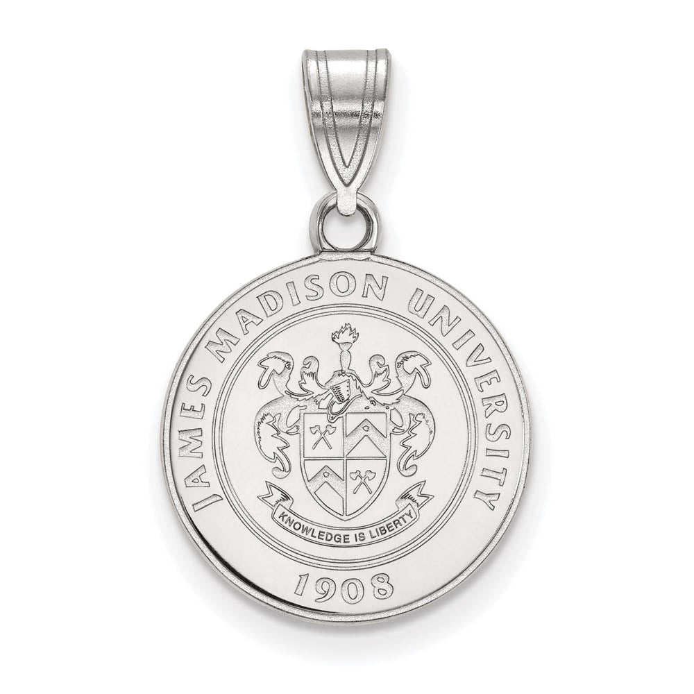 Sterling Silver James Madison U Medium Crest Pendant, Item P15192 by The Black Bow Jewelry Co.