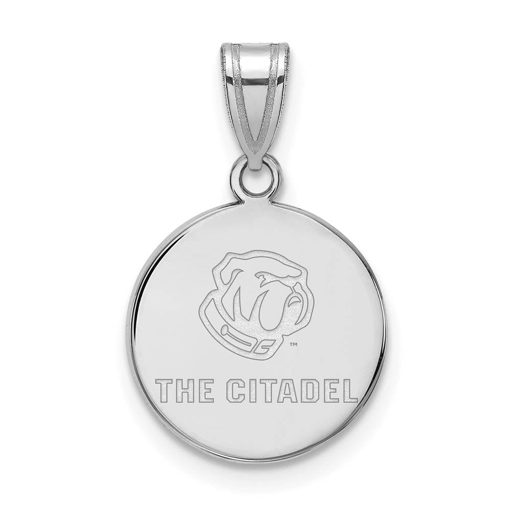 Sterling Silver Rhodium Plated The Citadel MD Bulldogs Disc Pendant, Item P15263 by The Black Bow Jewelry Co.