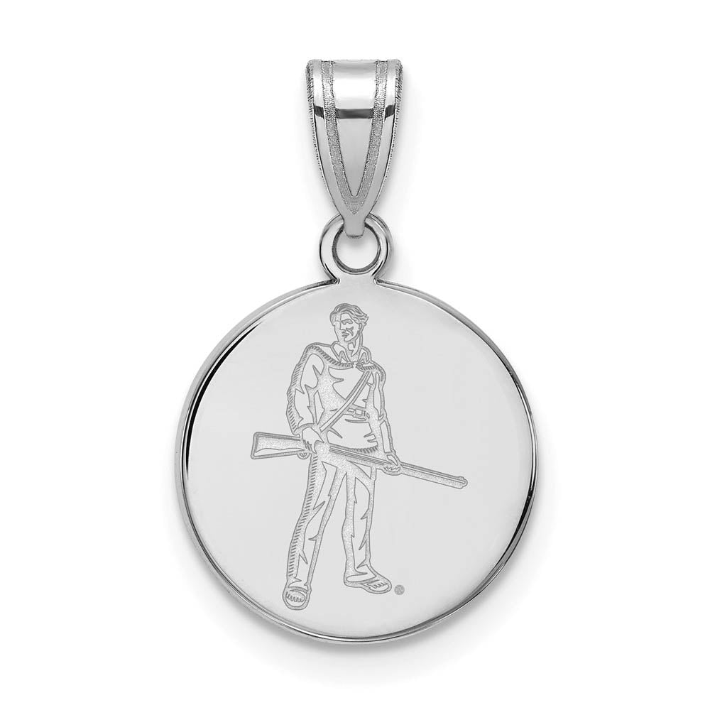Sterling Silver West Virginia U. Medium Disc Pendant, Item P15505 by The Black Bow Jewelry Co.