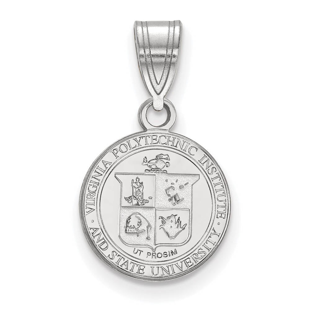 Sterling Silver Virginia Tech Medium Crest Disc Pendant, Item P15525 by The Black Bow Jewelry Co.