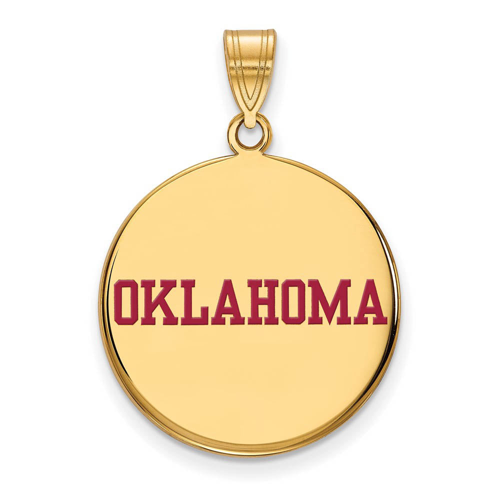 SS w/GP U. of Oklahoma Large Enamel Disc Pendant, Item P15582 by The Black Bow Jewelry Co.