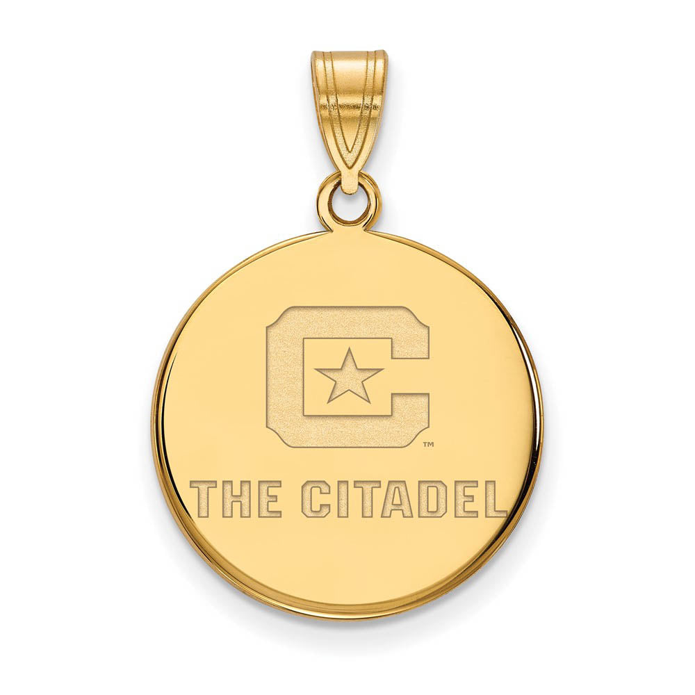 10K Yellow Gold The Citadel Large Logo Disc Pendant, Item P16221 by The Black Bow Jewelry Co.
