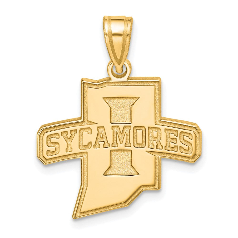 14k Gold Plated Silver Indiana State Univ. Large Pendant, Item P17403 by The Black Bow Jewelry Co.