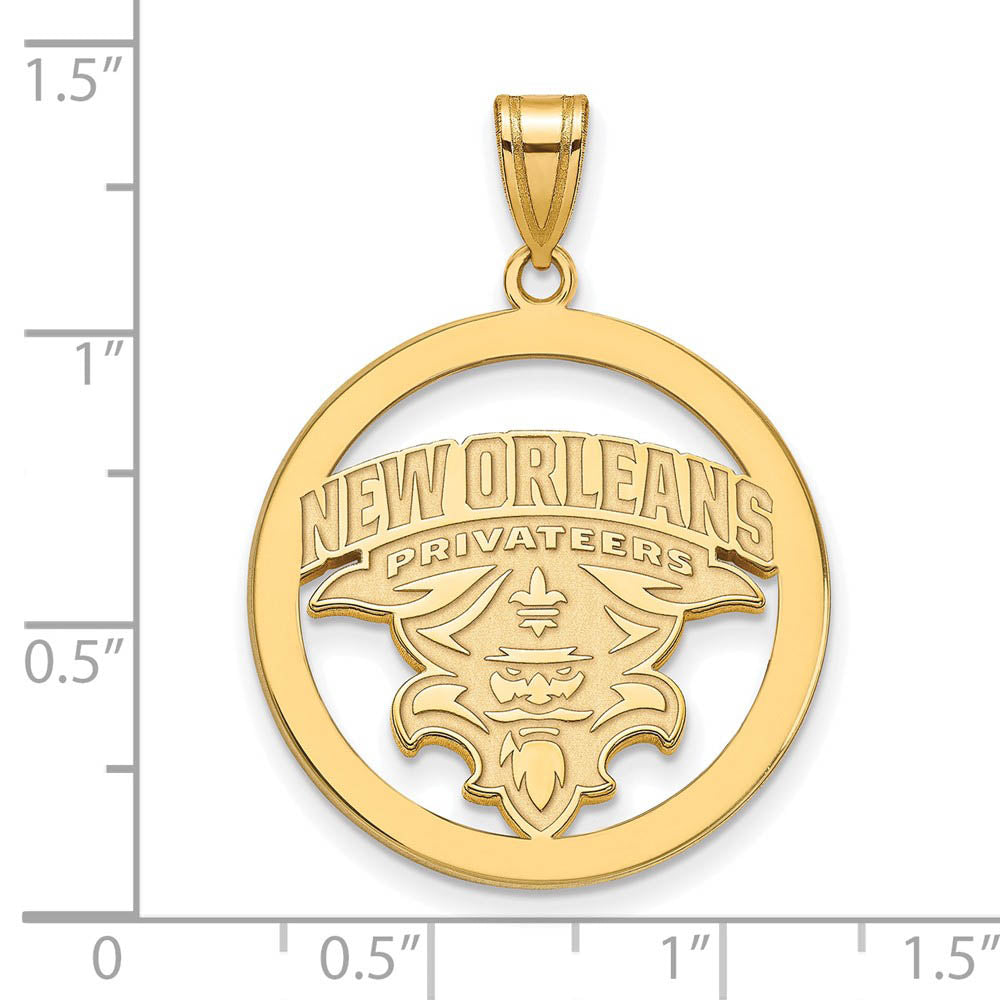 Alternate view of the 14k Gold Plated Silver U. of New Orleans XL Circle Pendant by The Black Bow Jewelry Co.
