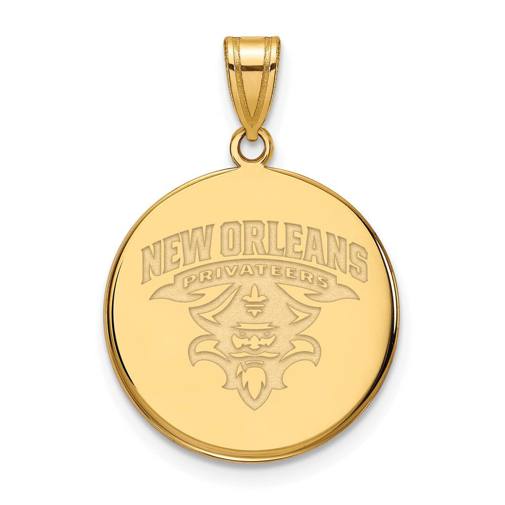 14k Gold Plated Silver Univ. of New Orleans Large Disc Pendant, Item P17538 by The Black Bow Jewelry Co.