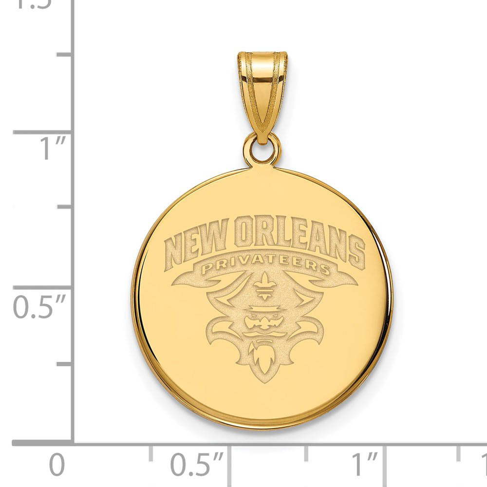 Alternate view of the 14k Gold Plated Silver Univ. of New Orleans Large Disc Pendant by The Black Bow Jewelry Co.