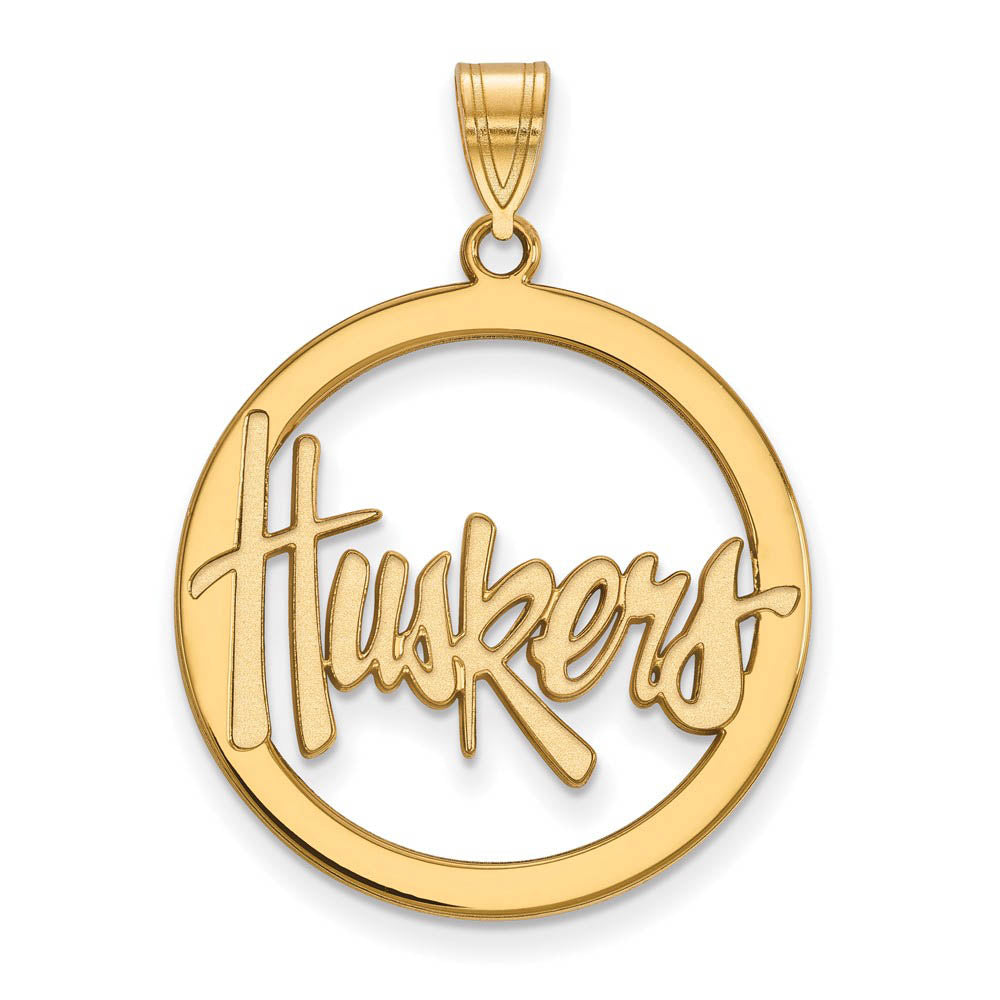 14k Gold Plated Silver U. of Nebraska XL Circle Pendant, Item P17565 by The Black Bow Jewelry Co.