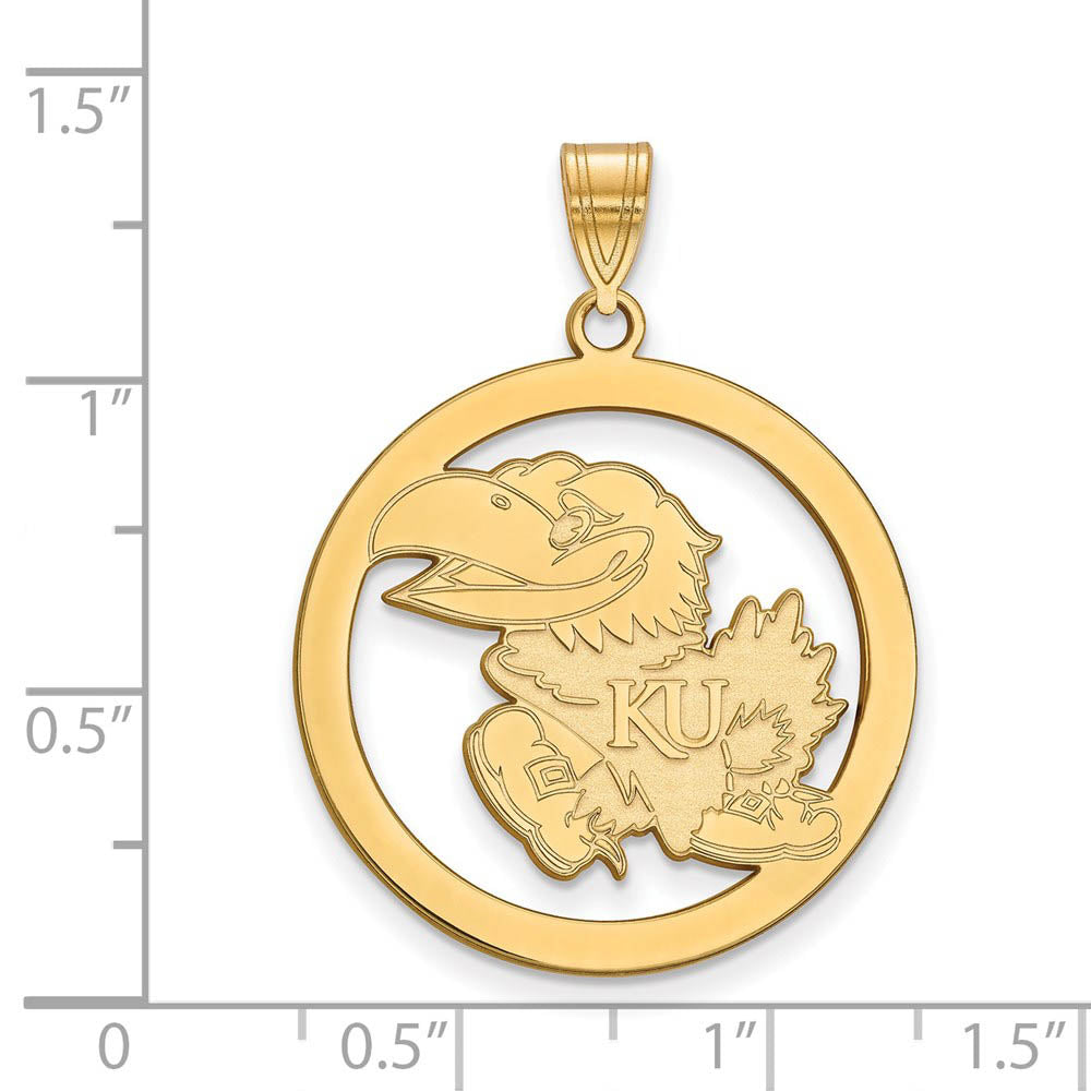 Alternate view of the 14k Gold Plated Silver U. of Kansas XL Circle Pendant by The Black Bow Jewelry Co.